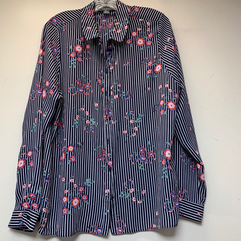Primark Button Down Shirt Womens 14 Navy Floral Striped Excellent Long Sleeve